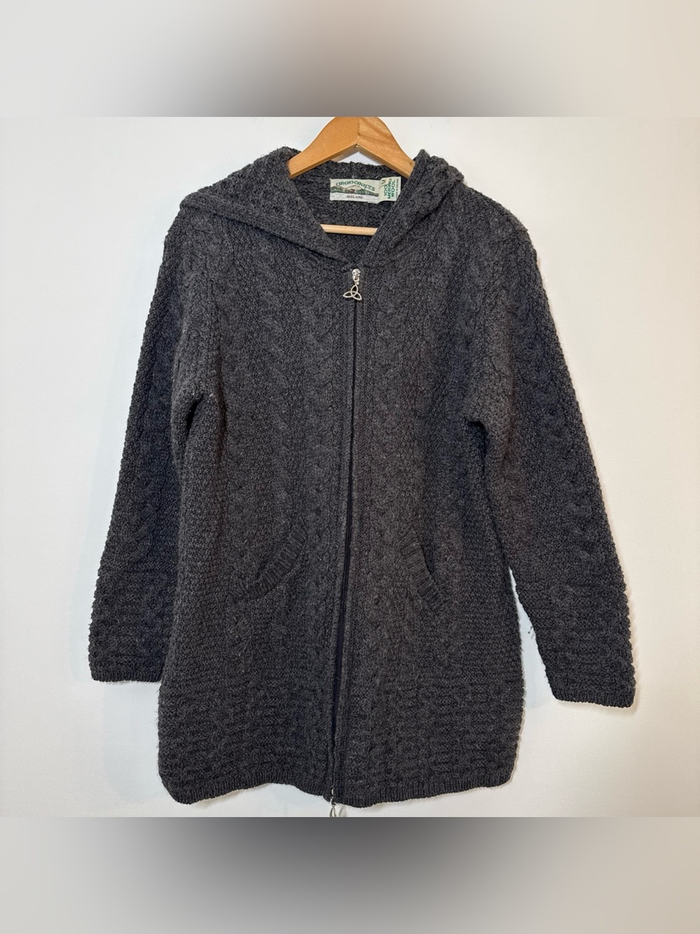 Aran Crafts Ireland Merino Wool Cable Knit Zip Hoodie Sweater  Gray Size M